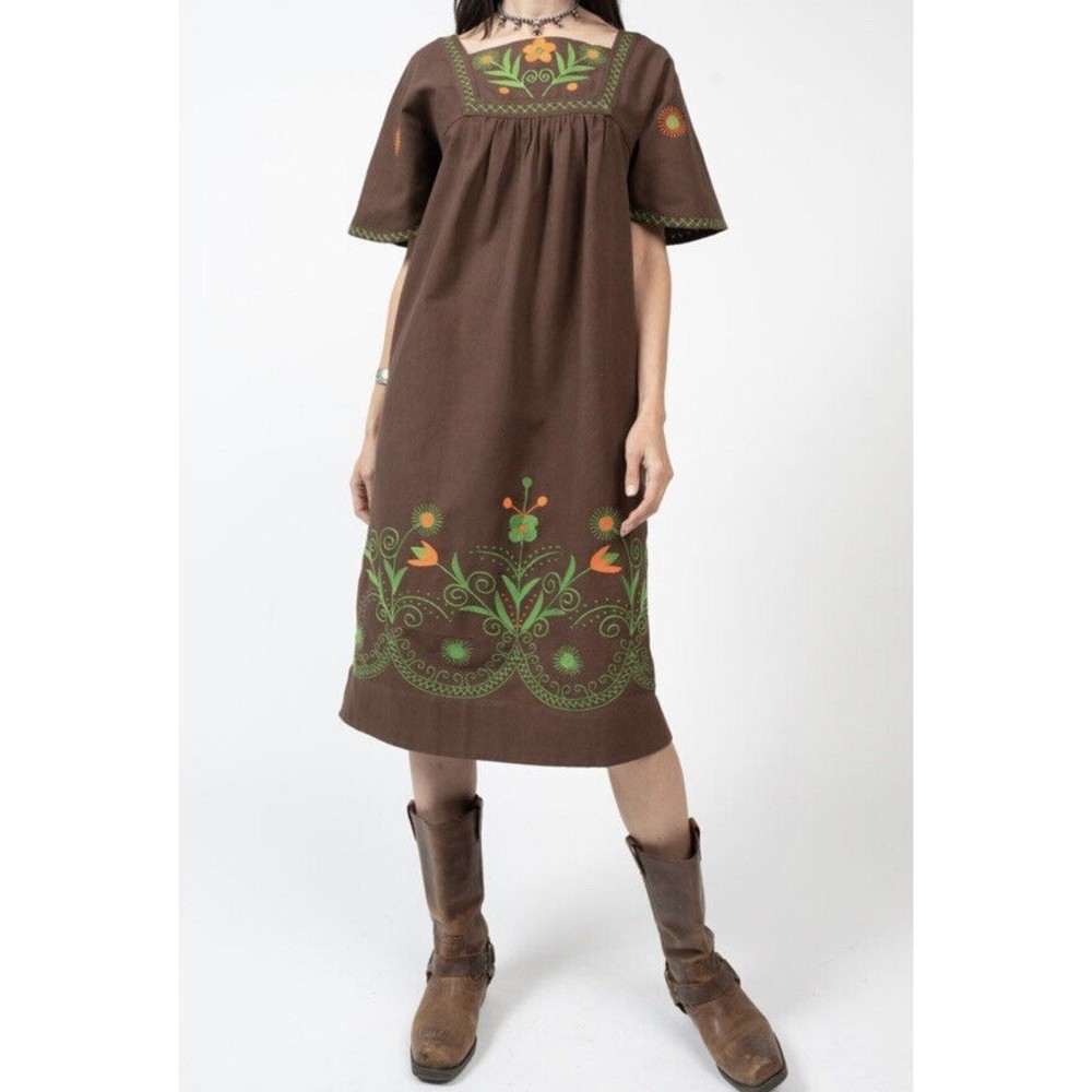 NWT Uncle Frank Dress Embroidered Small Brown Over The Border Floral